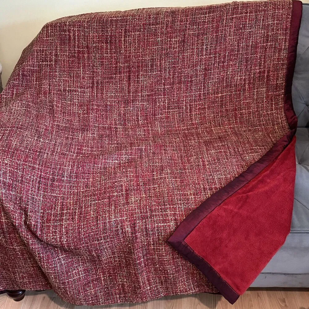 Noble Excellence Tapestry Throw Boucle Maroon Red 50”x60” Reversible Tweed‎